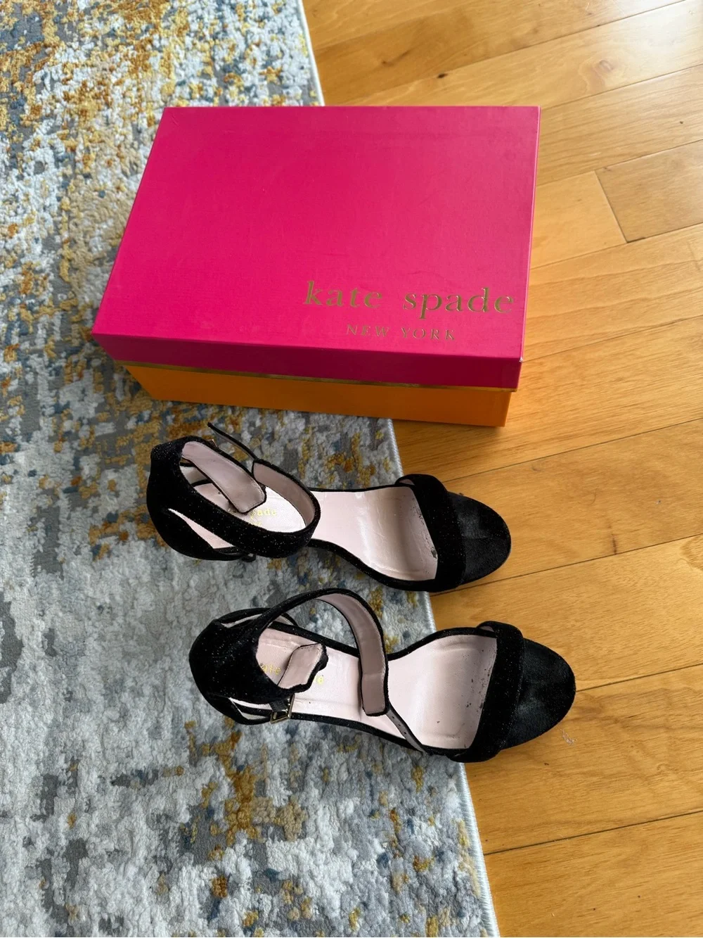 Kate Spade Isa Black Satin Ankle Strap Heels, size 7.5